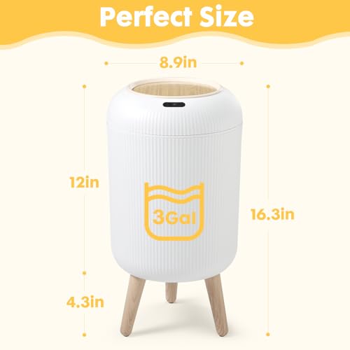 Image of Automatic Motion Sensor Bathroom Trash Can with Lid, 3 Gallon / 11L Touchless Trash Garbage Bin with Removable Legs for Kitchen, Bedroom, Office, Small Trash Cans Trashcan Wastebasket-White