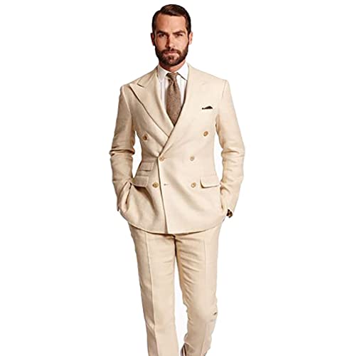 Mens Beige Linen Solid Double Breasted Slim Fit Suit Set Grooms Wedding Suits Tux Blazer Jacket Pants Separates3