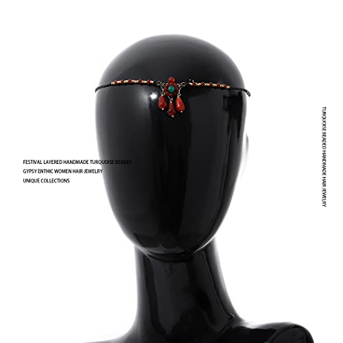 Fdesigner Bohoturquoise Head Chain Vintage Headpiece Layered Gypsy Beaded Hair Jewelry Ethnic Headband Handmade Festival Women Hair Accessories (Red-Unique) #TOP1