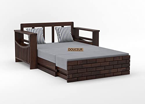 Image of Douceur Furnitures Solid Sheesham Wood Wooden Frame Two 2 Seater Sofa Cum Bed for Living Room,Hotels,Apartment & Hall | Finish:-Rich Walnut | Cushion:-Ash-Grey