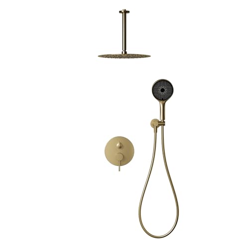 Columna De Ducha, Sistema De Ducha Termostatica, Ducha Empotrada, Ducha Monomando 2 Vías, Rociador Efecto Lluvia, Instalación En Pared Fácil Y Rápida, Inoxidable, Redonda (Oro cepillado, 30cm)