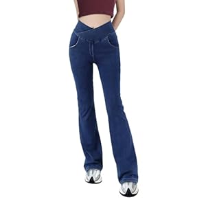 Damen V Crossover Hohe Taille Bauchkontrolle Casual Fitness Skinny Yoga Hosen, Faux Denim Print Frauen Bootcut Yoga Hosen, ausgestellte Fitness Hosen mit Seitentaschen