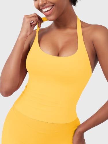 Image of YEOREO SoftHue Women's Impact Halter Tank Top Longline Backless Scoop Neck Built-in Bra Sports Workout Gym Crop Top