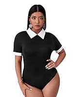 Floerns Women's Plus Size Colorblock Contrast Collar Short Sleeve Tee Shirt Bodysuit, Black White, Large Plus