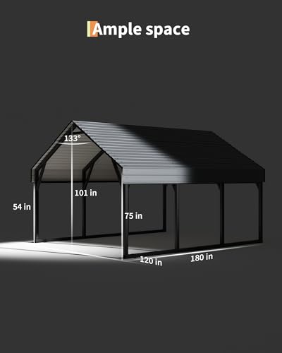 Image of GarveeLife 10x15 FT Metal Carport Kits, Reinforced Frame and Steel Roof for All-Weather Use, Permanent Shelter for Bass Boats, Sedans, and Tractors, Gray