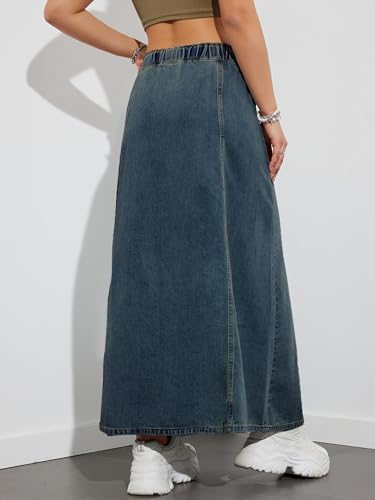 chouyatou Women's Casual Paperbag Elastic High Waist A Line Long Maxi Flare Denim Skirt3
