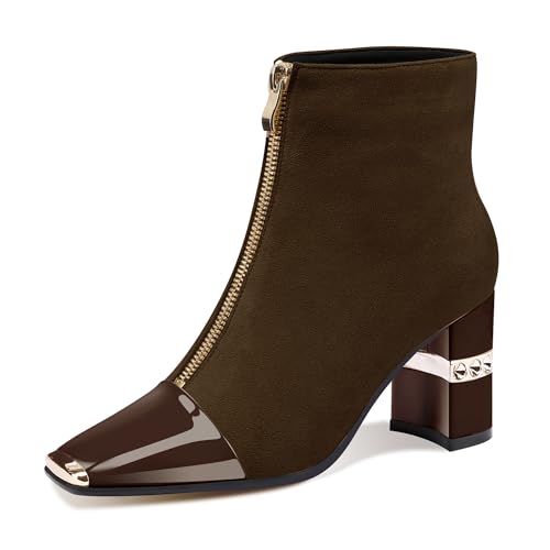 Image of XINIUNIU Women's Ankle Boots Block Chunky Heels Booties Metal Square Toe Suede Front Zipper 3 Inch Short Boot Dress