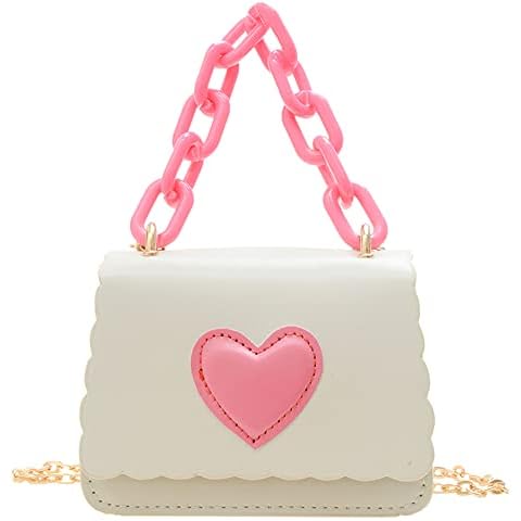 Gifts for Little Girls Cute Child Crossbody Bag Handbag Kids Purse Love Patten Messenger Bag with Acrylic Chain Handle (White) Cover