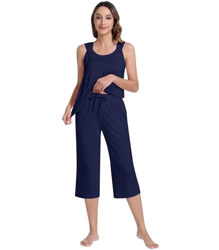 Image of NACHILA Pajamas for Women-Viscose Made from Bamboo, Sleeveless Pjs Top and Capri Pants Pajama Set Cool Pleated Sleepwear