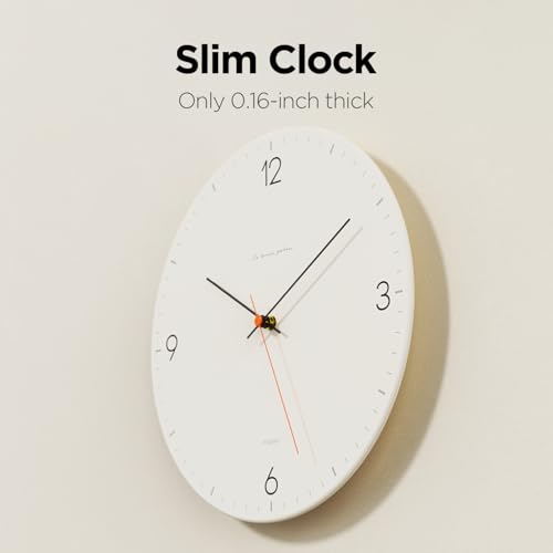 Image of mooas Flatwood Wall Clock,12 inch Non-Ticking Sweep Movement (Simple White) | Decorative Battery Operated Wall Clock for Home Living Room Kitchen Bedroom Office School