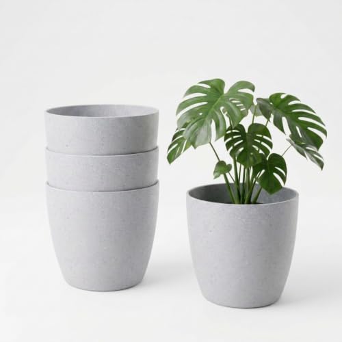 Image of YUCCABE ITALIA SHERA Stella 10 Inch Plastic Plant Pot for Home Decor Indoor Plant Pots for Living Room Plastic Flower Pot for Garden (Stone Grey, 10 INCH - 4 Pcs)