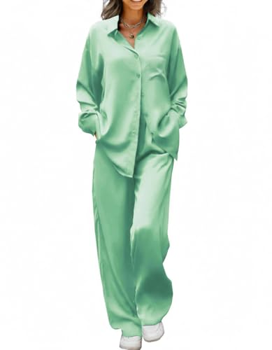 Image of Ekouaer Womens Satin Silky Pajama Set 2 Piece Print PJs Soft Loungewear Button Down Sleepwear with Elastic Waist Long Pants