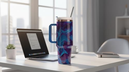 Image of Insulated Tumbler with Handle and Straw | BPA Free Reusable Travel Mug with Straw Mode Lid | Stain & Odour Resistant | Easy to Clean Drink Cup for Hot & Cold Beverages (Marble Glossy Purple)
