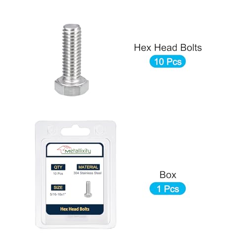 Image of METALLIXITY Hex Head Bolts (5 /16-18 x 1 inch) 10Pcs, 304 Stainless Steel 18-8, Fully Threaded, External Hex Drive, Plain Finish, Hex Head Screw Bolt, Silver