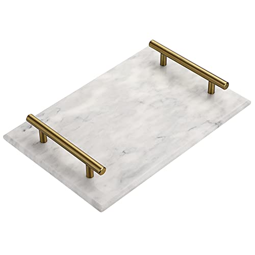 BSTKEY 30 x 20 cm, bandeja de almacenamiento de piedra de mármol natural con asas de metal, placa decorativa rectangular de mármol, bandeja organizadora para cocina, cuarto de baño, cómoda, color gris Cover