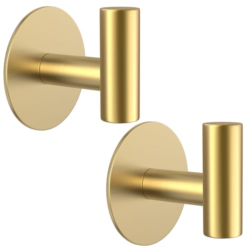 Image of Gold Stainless Steel Wall Hooks, Heavy Duty Self-Adhesive Hooks for Coats, Towels, Robes, Hats, Aprons - No Drill Bathroom, Kitchen, Hotel (2 Pack)