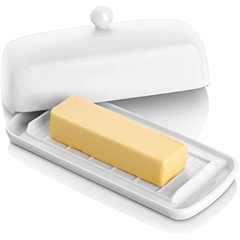 Nucookery Porcelain Butter Dishes with Lid and Handle for Countertop and Kitchen, 8inch Large Ceramic Dish with Raised Non-Slip Strip Easy to Clean Dishwasher Safe. White Cover