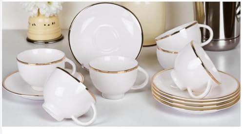 Image of Bone China White Gold Line Cups and Saucer with Golden Line, 180 ml Tea Cup Set of 6 Cup and Saucer Set for Tea Milk Coffee Chai, Teacup Set