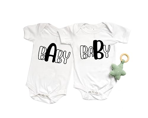 Image of Twin A and Twin B baby boy and girl bodysuits matching twin sets