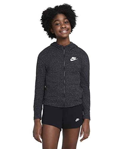 Nike Sportswear Big Kids' (Girls') Full-Zip Jersey Hoodie (Large, Black Heather/Black/White)