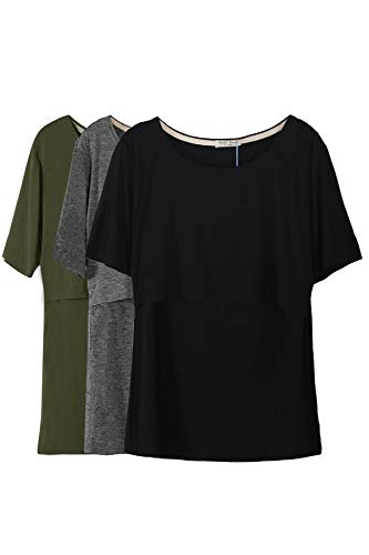 Smallshow 3 Pcs Maternity Nursing T-Shirt Nursing Tops Army Green-Black-Dim Grey X-Large