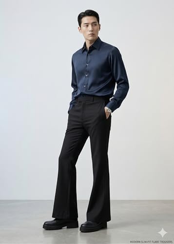 Image of Men's Slim-Fit Flared Trouser, Japnese febric High-Waisted Modern Bootcut Bellbottom Pant, Black