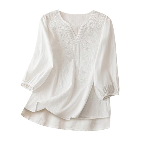 Embroidered Tops for Women 3/4 Sleeve Cotton Linen Shirt Boho V-Neck Blouse - image 8