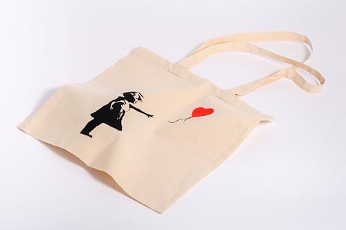 Umhängetasche Banksy Girl with Balloon: Stofftasche, Jutebeutel mit Streetart-Motiv. Aus 100% Baumwolle mit Langen Trägern