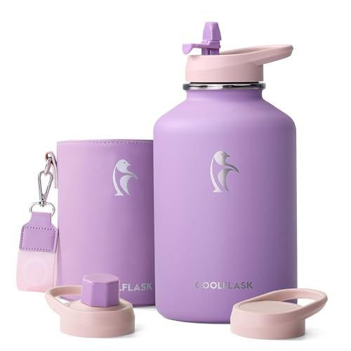 Image of Coolflask 64 oz Water Bottle Insulated with PU Leather Sleeve & 3 Lids