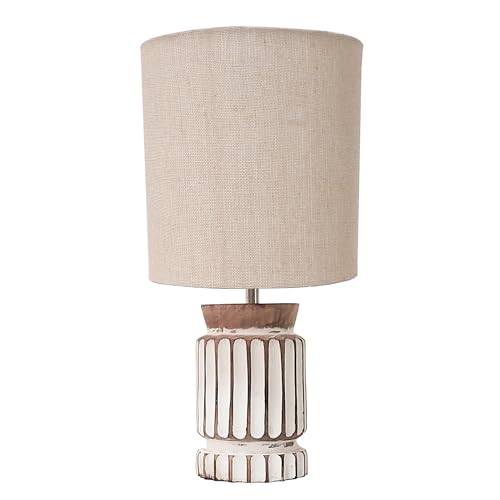 Image of Homesake Retro Farmhouse Table Lamp for Living Room Bedroom Rustic Linen Bedside Nightstand Lamps for Kids Room Study Office Wood, Home Decorative Lamp, Carved Cylinder, (Jute)