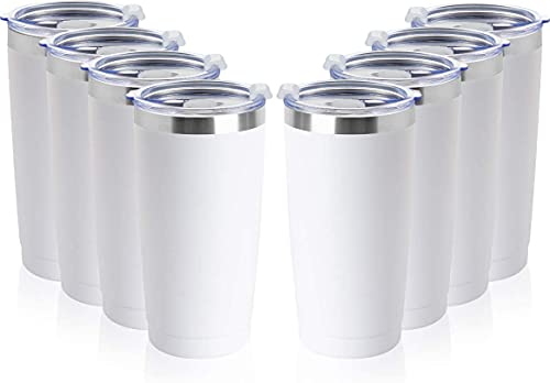 Top Rated 20oz Tumbler Double Wall Vacuum Insulated Coffee Mug Stainless Steel Coffee Cup with Lid, Travel Mug Works Great for Ice Drink, Hot Beverage (8 pack, White)