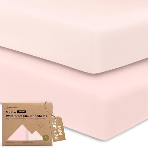 Image of 2 Pack and Play Sheets, Waterproof Mini Crib Sheets Fitted - 38x26 Organic Cotton Pack N Play Sheets for Graco Pack and Play Mattress, Playard Baby Crib Sheets,Neutral for Boy,Girl,Toddler(Mist Rose)