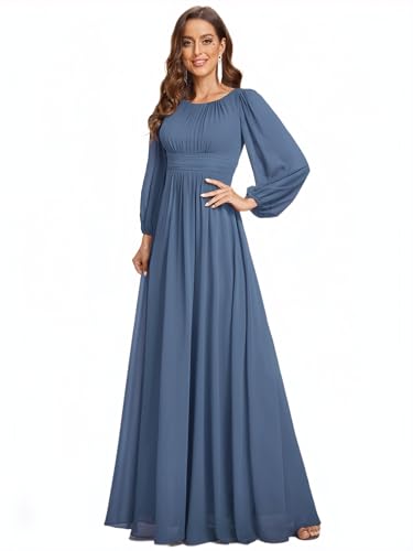 Ever-Pretty Womens Curvy Empire Waist Long Sleeve Chiffon Plus Size Evening Gown Dusty Navy US18