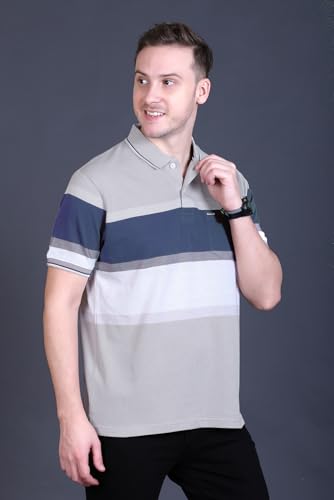 Image of GODFREY Striped Tshirt Shirts Men Cotton Polo T Shirt for Man with Pocket - Regular Fit Half Sleeve Collar T Shirts for Men