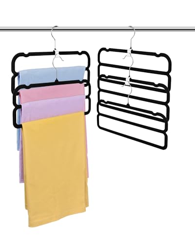 Image of 10 Pack Velvet Pants Hangers Space Saving, Non Slip 2-Layer Hanger (Black) | Heavy Duty Flocked Trouser Hangers,pants organizer for closet with Swivel Hook, Felt Jean Hangers for Women and Men