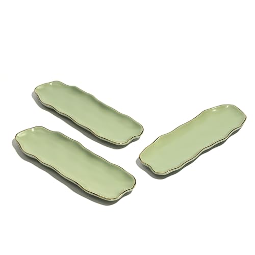 Image of Beyond Homes Ceramic Sushi Serving Tray Set of 3 | 12 Inch Long Rectangular Platter | Microwave & Dishwasher Safe | Modern Appetizer Serving Plates for Snack, Dimsum, Momo, Dessert &, Green