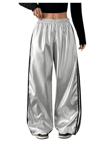 Women's Metallic Elastic Waist Sweatpants Side Stripe PU Leather Wide Leg Athletic Pants