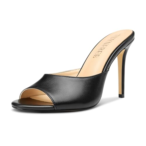 TNYNFBEB Womens Stiletto High Heel Peep Open Toe Sandals Mules Shoes Slingback Slip-on Prom Dress Summer 3.9 Inches Heels Black pu 12 M US