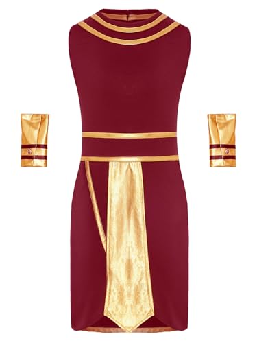 renvena Kids Boys Egyptian Pharaoh Outfits Sleeveless Shiny Metallic Toga Gown with Wrist Bands Set