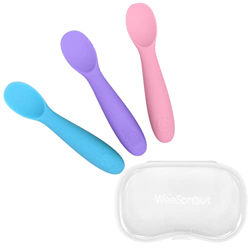 Image of WeeSprout Baby Spoons for Self Feeding 6 Months +, Soft & Durable Silicone Utensils for Sensitive Gums & Teeth, Easy Grip Handles & Shorter Length for Little Hands, 3 Pack + Carrying Case
