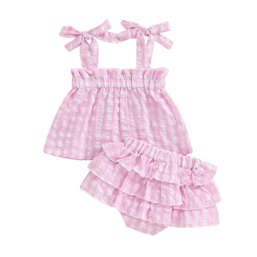 Adobabirl Baby Girl Summer Outfits Plaid Tie-Up Straps Sleeveless Tank Tops Layered Bloomers Shorts Boutique Clothing Set