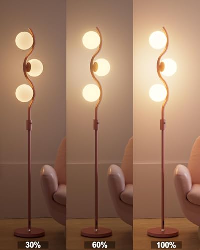 Image of 60IN Dimmable Pink Floor Lamp, Modern Standing Lamps with 3 Globe Soft Warm White 3000K Bulbs, Mid Century Floor Lamp with 5Lbs Heavy Base for Living Room Bedroom Home Decor