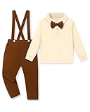 YALLET Toddler Baby Boy Clothes Polo Neck Long Sleeve Tops with Removable Bowtie + Overalls Fall Winter Outfits Set(2-3T, Apricot/Brown)