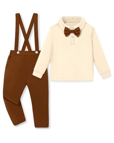 YALLET Toddler Baby Boy Clothes Polo Neck Long Sleeve Tops with Removable Bowtie + Overalls Fall Winter Outfits Set(3-4T Apricot/Brown)