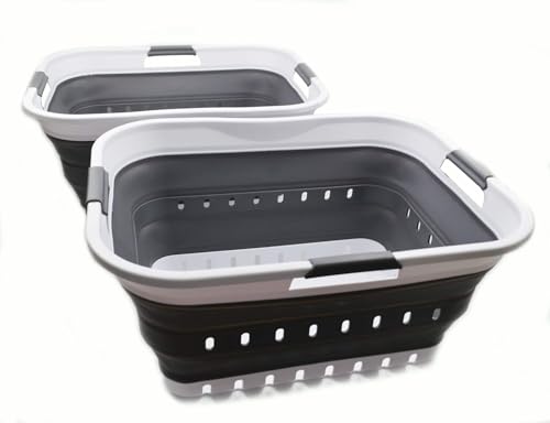 Image of SAMMART 42L (11 gallon) Collapsible Plastic Laundry Basket - Foldable Pop Up Storage Container /Organizer - Portable Basket - Space Saving Hamper /Basket (2, White /Dark Grey)