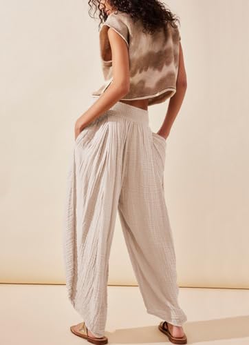 chouyatou Women's Summer Casual Smocked Waist Pant Wide Leg Beach Pants Palazzo with Pockets3