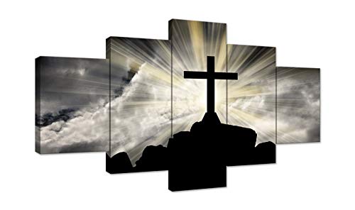 AMEMNY Large Christian Art Cross Wall Art Canvas Painting Print Poster 5 Panel Cross with Magic Light Background Painting Christian Wall Decoration for Living Room Framed Ready to Hang