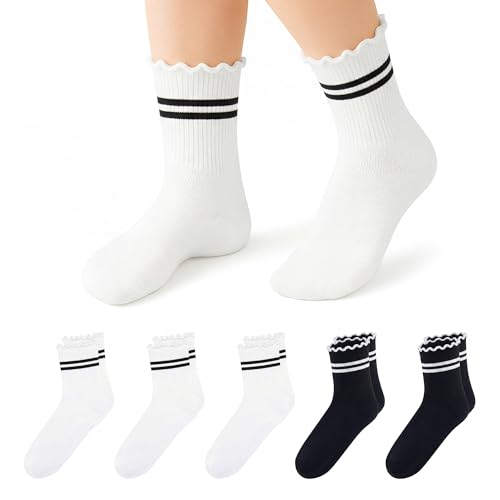 Stelle Girls Socks Ruffle Socks for Girls Cotton Striped Crew Sock Girls Athletic Socks 5 Pairs,5-7Years