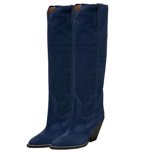 LEHOOR Women Cowboy Knee High Boots Chunky Block Heel Pointed Toe Suede Western Cowgirl Boots Wide Calf Pull On 3