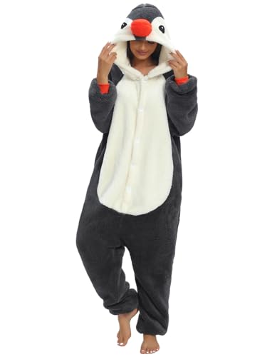 Pyjama Barboteuse Combinaison Animal Adulte Unisexe Costume Onesie Sleepwear Jumpsuit Vêtement Nuit Capuche Grenouillère Loungewear Chaud Douce Party Fête Soirée (Pingouin,L)